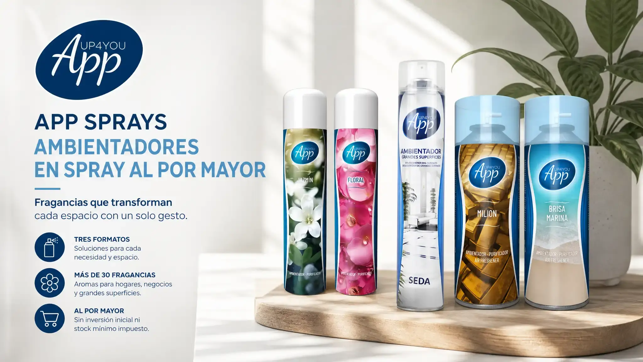 App Sprays vende al por mayor desde fábrica: tres formatos, más de 30 fragancias y sin inversión inicial. Consulta condiciones de pedido con el equipo comercial.